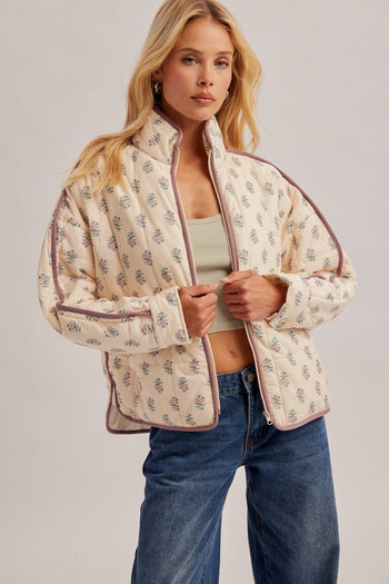 Hem & Thread Floral Quilted Puffer Jacket in Ecru