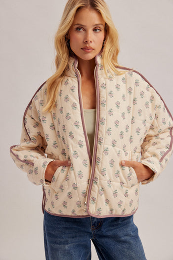 Hem & Thread Floral Quilted Puffer Jacket in Ecru