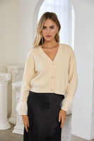 Skies are Blue Jewel Button Feather Trim Cardigan in Ivory