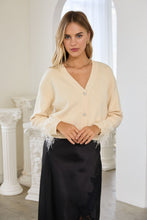 Load image into Gallery viewer, Skies are Blue Jewel Button Feather Trim Cardigan in Ivory
