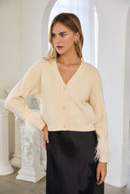 Load image into Gallery viewer, Skies are Blue Jewel Button Feather Trim Cardigan in Ivory

