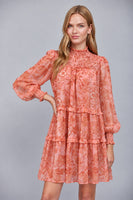 FATE Floral Print Silky Chiffon High Smocked Neckline Tiered Mini Dress in Soft Peach Multi
