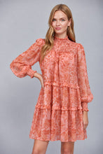 Load image into Gallery viewer, FATE Floral Print Silky Chiffon High Smocked Neckline Tiered Mini Dress in Soft Peach Multi
