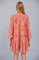 FATE Floral Print Silky Chiffon High Smocked Neckline Tiered Mini Dress in Soft Peach Multi