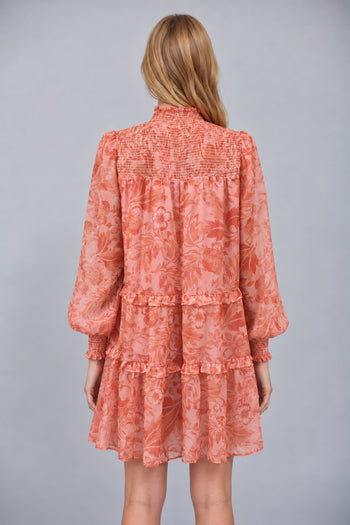 FATE Floral Print Silky Chiffon High Smocked Neckline Tiered Mini Dress in Soft Peach Multi