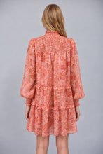 Load image into Gallery viewer, FATE Floral Print Silky Chiffon High Smocked Neckline Tiered Mini Dress in Soft Peach Multi
