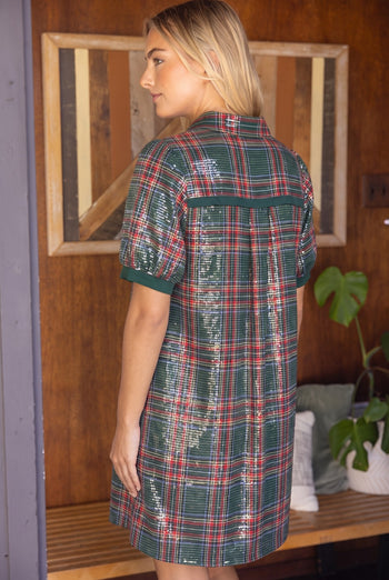 VOY Collared Button Down Plaid Sequins Dress in Green