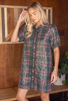 VOY Collared Button Down Plaid Sequins Dress in Green
