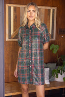 VOY Collared Button Down Plaid Sequins Dress in Green