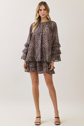 TCEC Leopard Print Ruffle Mini Dress in Brown