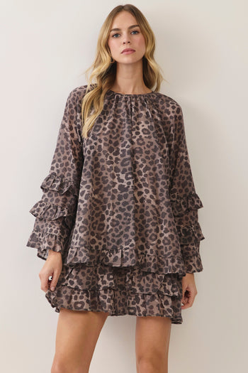 TCEC Leopard Print Ruffle Mini Dress in Brown