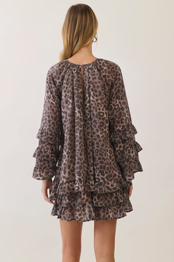 TCEC Leopard Print Ruffle Mini Dress in Brown