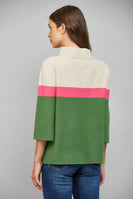 FATE Color-Block Mock Neck Sweater in Beige Hot Pink Green
