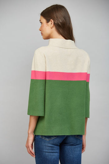 FATE Color-Block Mock Neck Sweater in Beige Hot Pink Green