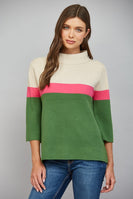 FATE Color-Block Mock Neck Sweater in Beige Hot Pink Green