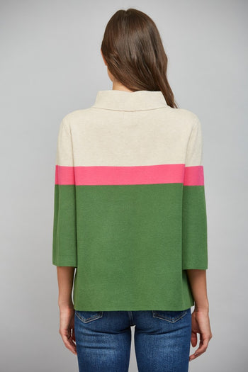 FATE Color-Block Mock Neck Sweater in Beige Hot Pink Green