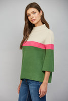 FATE Color-Block Mock Neck Sweater in Beige Hot Pink Green
