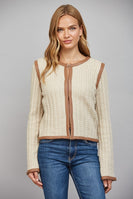 FATE Faux Leather Trim Cable Knit Jacket in Beige