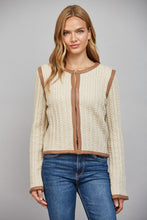 Load image into Gallery viewer, FATE Faux Leather Trim Cable Knit Jacket in Beige
