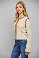 FATE Faux Leather Trim Cable Knit Jacket in Beige
