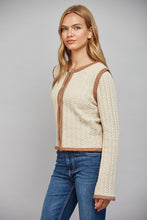 Load image into Gallery viewer, FATE Faux Leather Trim Cable Knit Jacket in Beige
