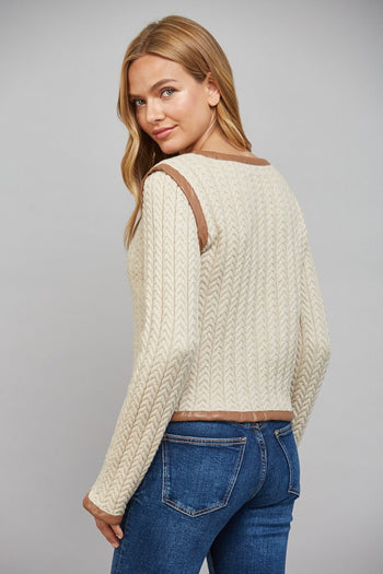 FATE Faux Leather Trim Cable Knit Jacket in Beige