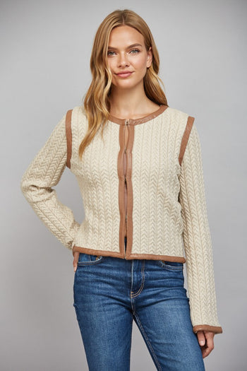 FATE Faux Leather Trim Cable Knit Jacket in Beige