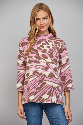 FATE Abstract Animal Print Mock Neck Sweater Beige Pink Brown