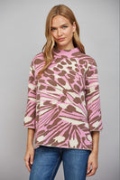 FATE Abstract Animal Print Mock Neck Sweater Beige Pink Brown