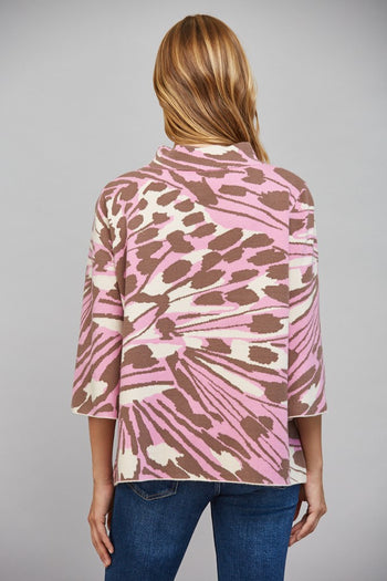 FATE Abstract Animal Print Mock Neck Sweater Beige Pink Brown