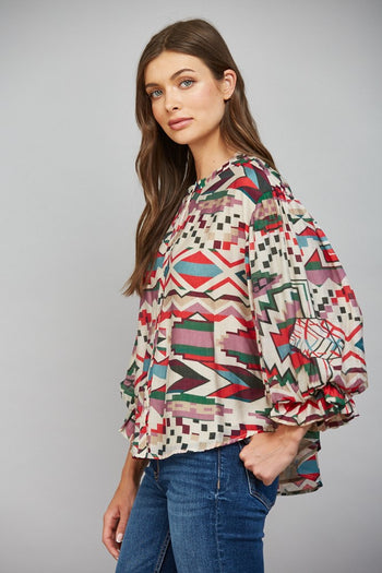 FATE Geo Print Voluminous Balloon Sleeve Button-Down Blouse in Beige Multi