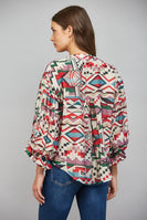 FATE Geo Print Voluminous Balloon Sleeve Button-Down Blouse in Beige Multi