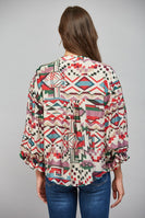 FATE Geo Print Voluminous Balloon Sleeve Button-Down Blouse in Beige Multi