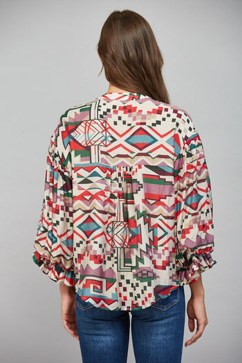 FATE Geo Print Voluminous Balloon Sleeve Button-Down Blouse in Beige Multi