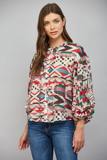FATE Geo Print Voluminous Balloon Sleeve Button-Down Blouse in Beige Multi