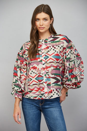 FATE Geo Print Voluminous Balloon Sleeve Button-Down Blouse in Beige Multi