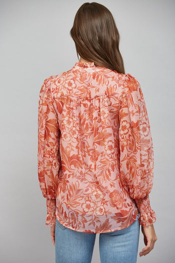 FATE Floral Print Silky Chiffon Ruffled High Neckline Button Down in Soft Peach Multi