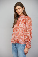 Load image into Gallery viewer, FATE Floral Print Silky Chiffon Ruffled High Neckline Button Down in Soft Peach Multi
