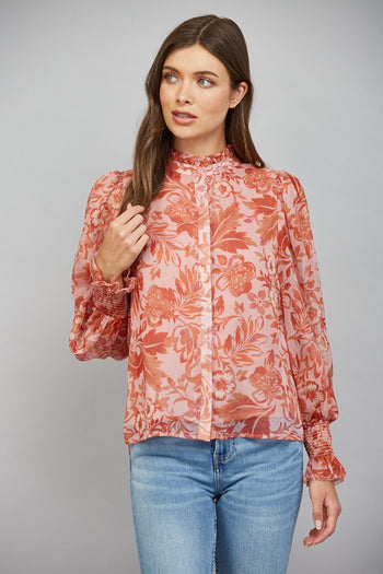 FATE Floral Print Silky Chiffon Ruffled High Neckline Button Down in Soft Peach Multi
