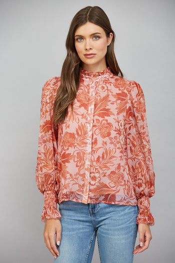 FATE Floral Print Silky Chiffon Ruffled High Neckline Button Down in Soft Peach Multi