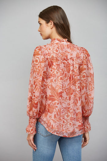 FATE Floral Print Silky Chiffon Ruffled High Neckline Button Down in Soft Peach Multi