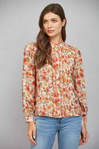 FATE Lace Trimmed Tuck Detail Floral Print Blouse in Cream Multi