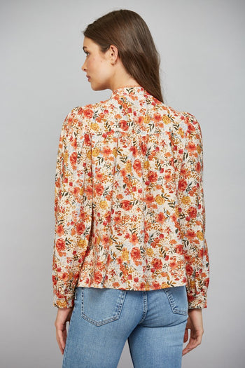 FATE Lace Trimmed Tuck Detail Floral Print Blouse in Cream Multi