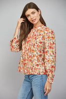 FATE Lace Trimmed Tuck Detail Floral Print Blouse in Cream Multi
