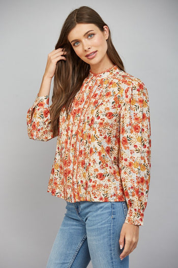 FATE Lace Trimmed Tuck Detail Floral Print Blouse in Cream Multi