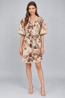 FATE Botanical Print Denim Button Down Dress in Beige Multi