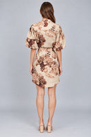 FATE Botanical Print Denim Button Down Dress in Beige Multi