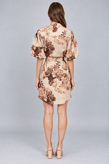 FATE Botanical Print Denim Button Down Dress in Beige Multi