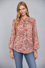 Load image into Gallery viewer, FATE Floral Lurex Chiffon Ruffle Neck Blouse in Beige Multi
