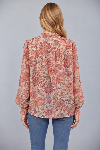 FATE Floral Lurex Chiffon Ruffle Neck Blouse in Beige Multi